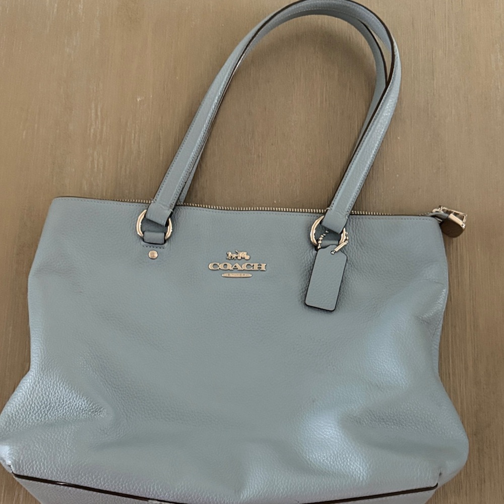 COACH Pebbled Leather Tote in Light Blue with Silver Hardware